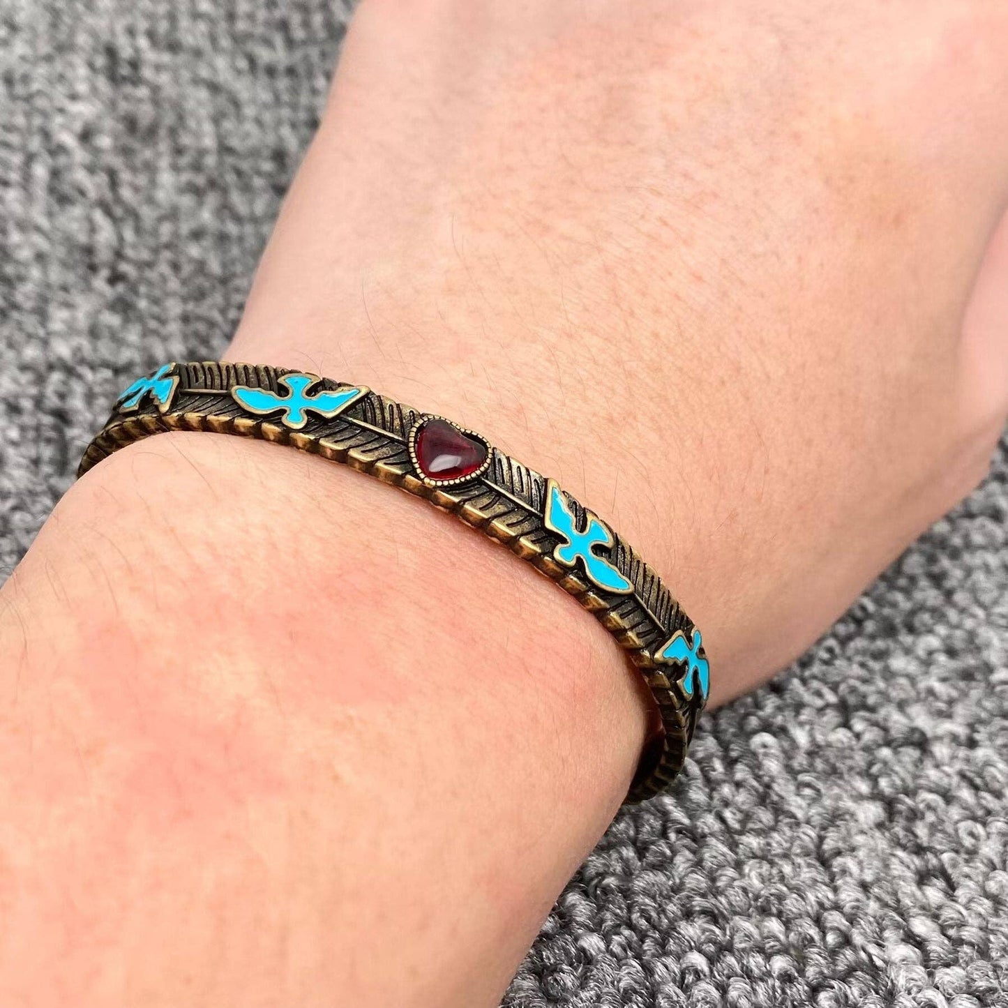 Vintage Red Heart Enamel Bird Bronze Adjustable Cuff