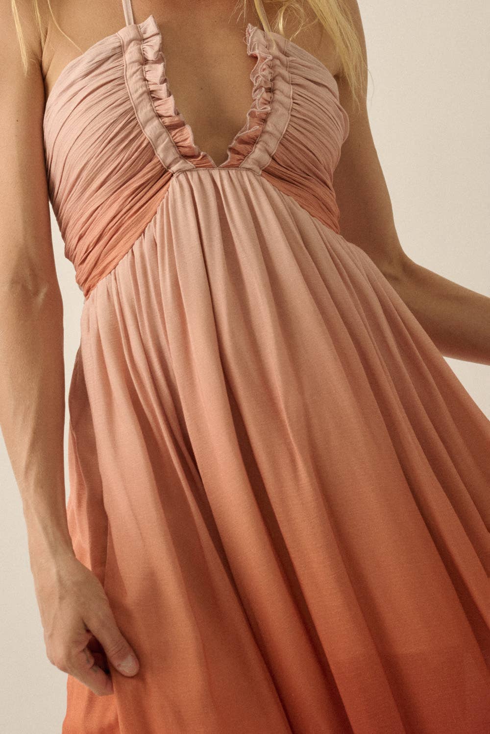 Ombre Crepe Tie-Back Halter Pocket Maxi Dress