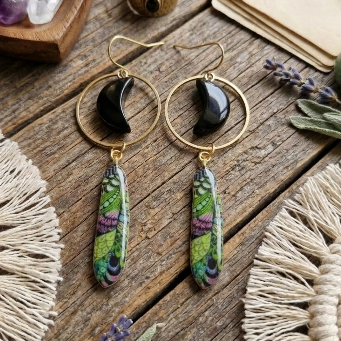 Bohemian Obsidian Feather Dangle Earrings