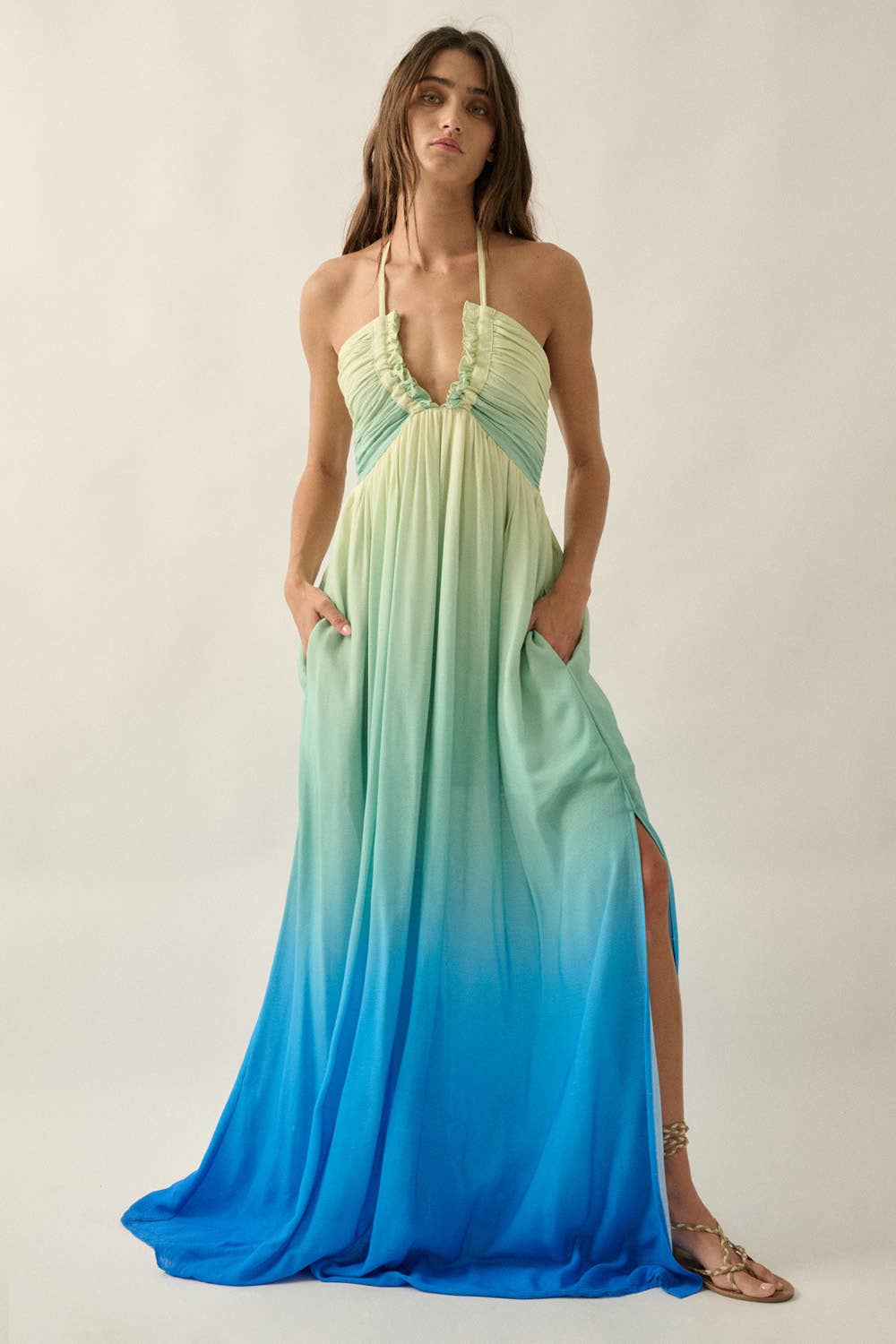 Ombre Crepe Tie-Back Halter Pocket Maxi Dress