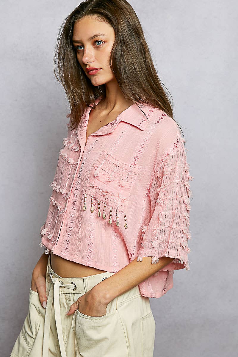 Boho Woven Texture Fringe Shell Beads Short Shirt Top