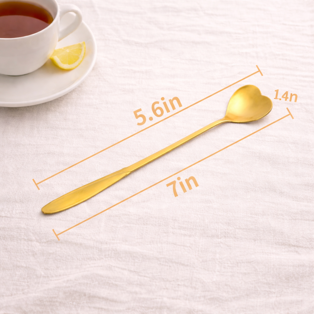Gold Heart Teaspoons, Stainless Steel Tea and Coffee Spoons