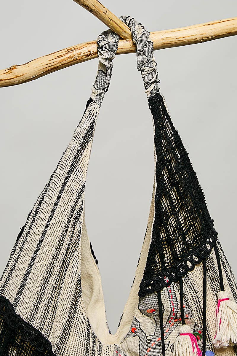 Roomy Fit Patchwork Tassel Black Hobo Bag