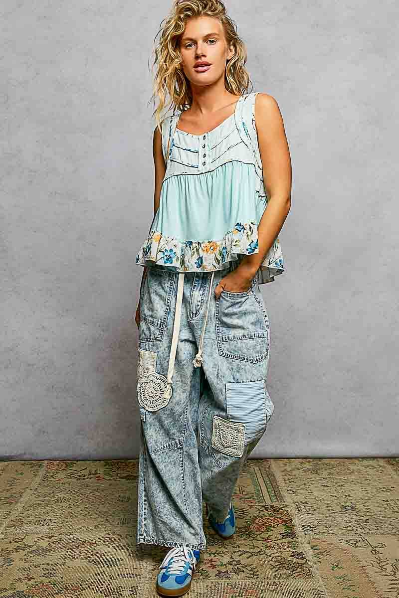 Square Neck Soft POL Jersey Floral Trim Boho Tank Top