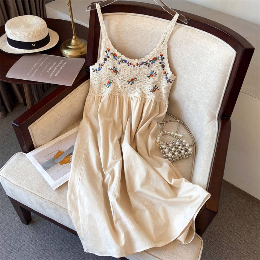 Crosa - Bohemian Style Midi Dress: WHITE / AVERAGE