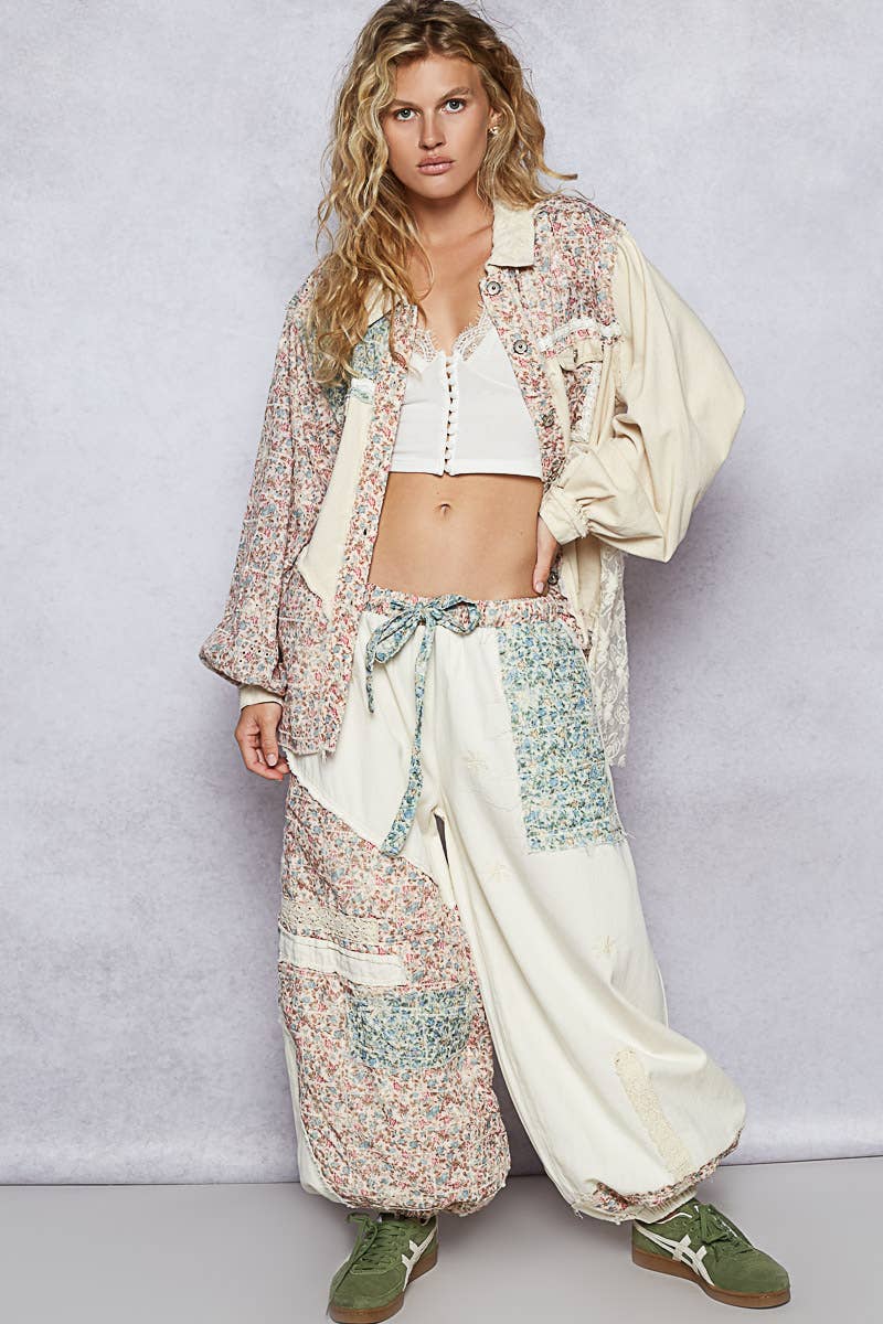 Floral print patchwork twill woven jogger pants
