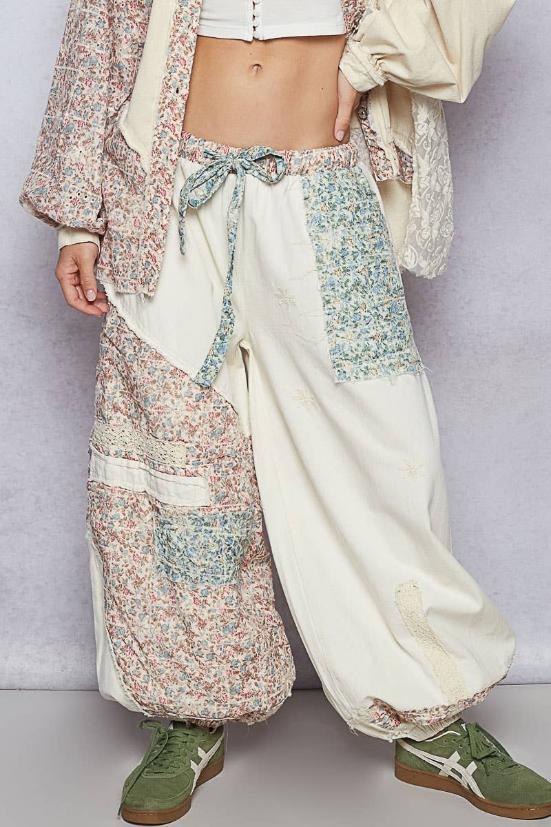 Floral print patchwork twill woven jogger pants
