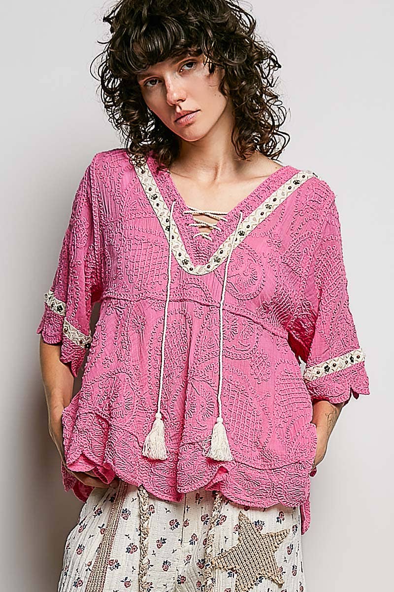 Short Sleeve Adjustable Drawstring Crochet V Neck Top