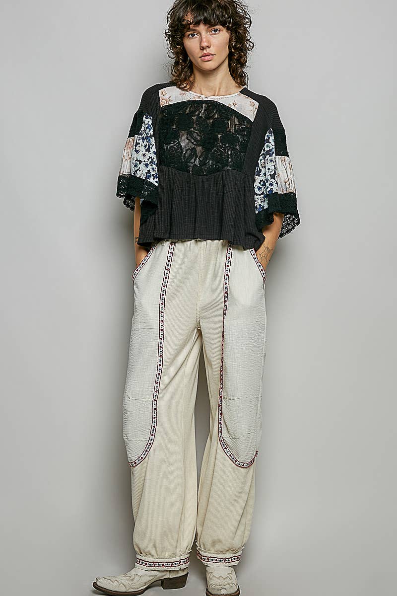 Rib Floral Pattern Round Neck Short Sleeve Top