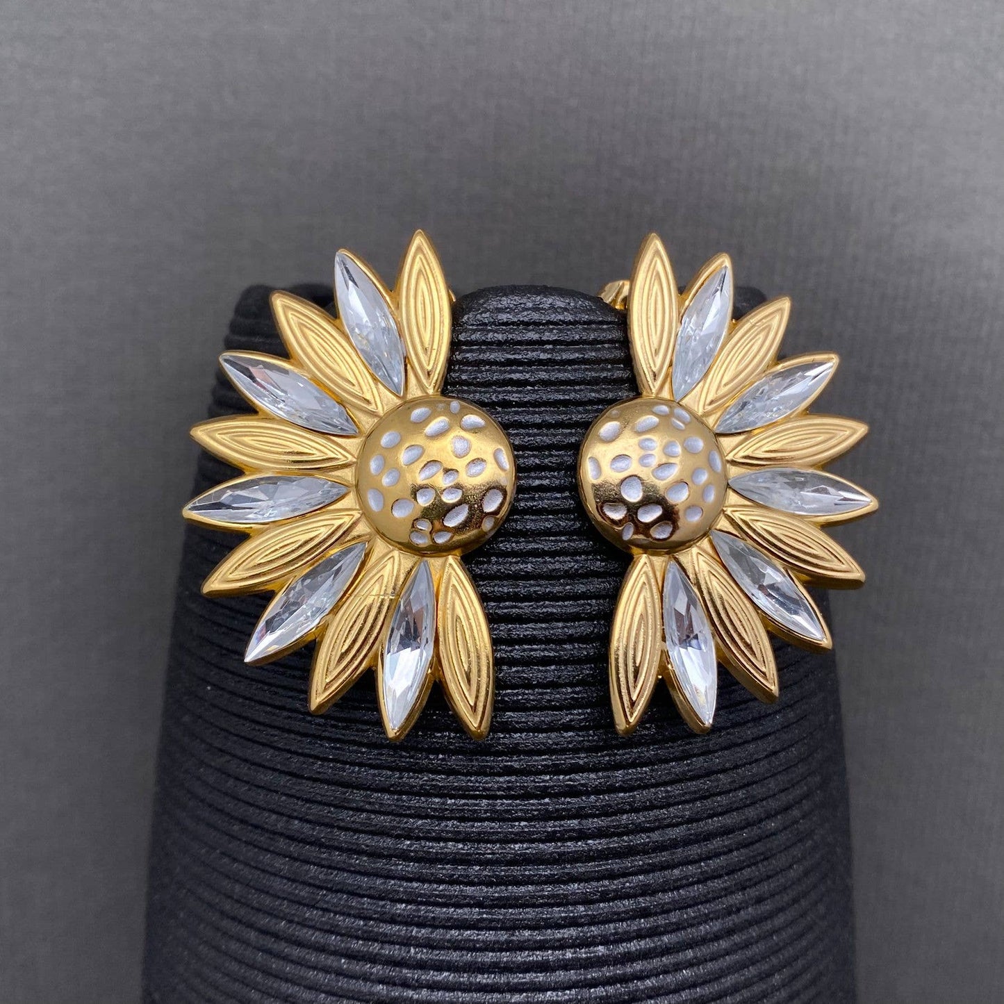 Rhinestone Inlaid Half Flower 18K Golden S.Steel Earrings - FGS