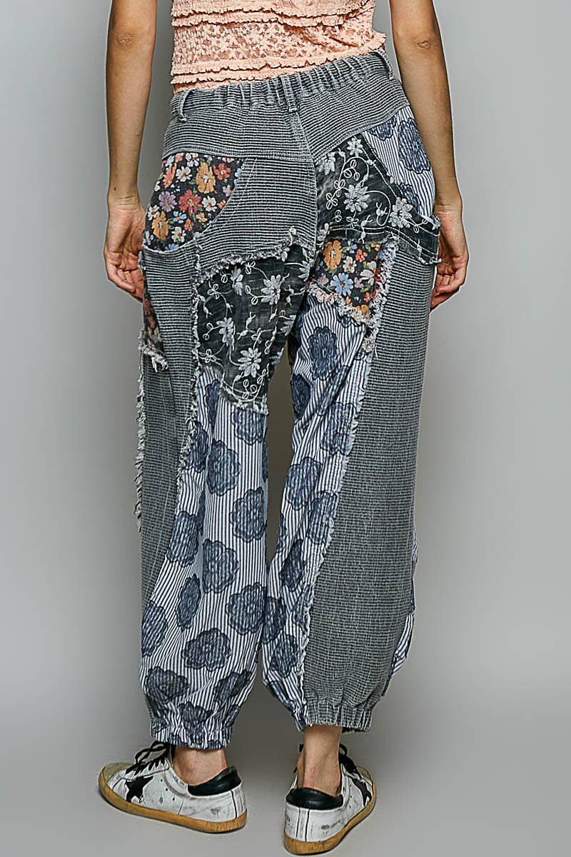 Jacquard Floral Twill Patch Waist Loop Jogger Pants