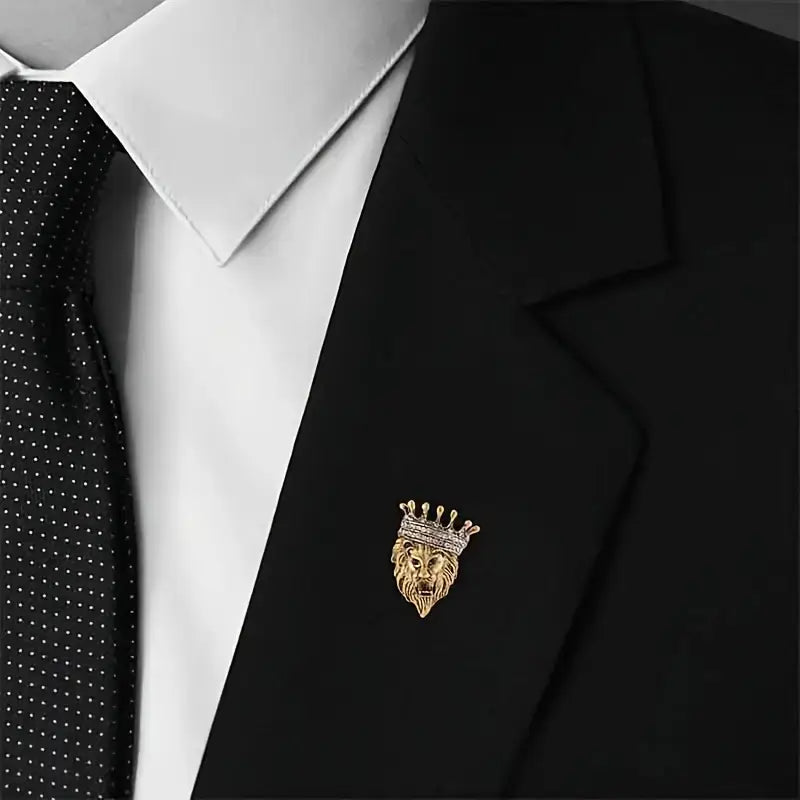 Regal Lion Crown Brooch – Gold & Crystal Suit Pin