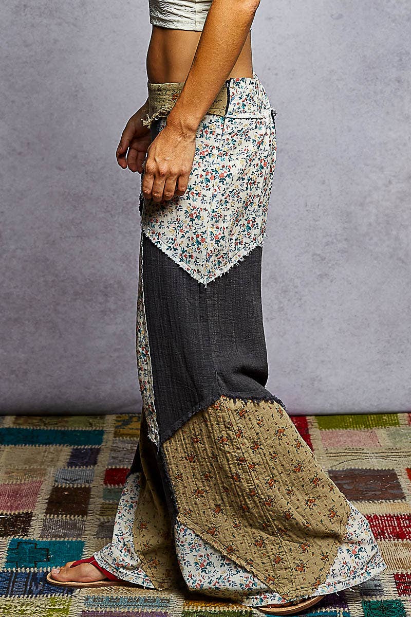 Double gauze varied printed patchwork woven pants: OLIVE or NATURAL