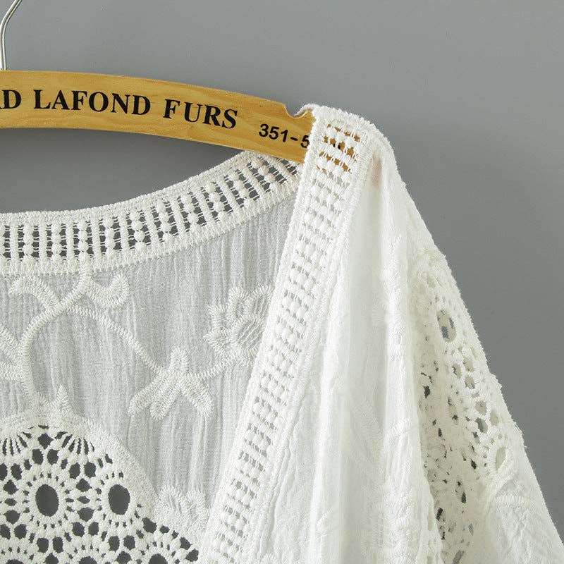 Crosa - Lace Open Front Cardigan with Batwing Sleeves: WHITE / AVERAGE