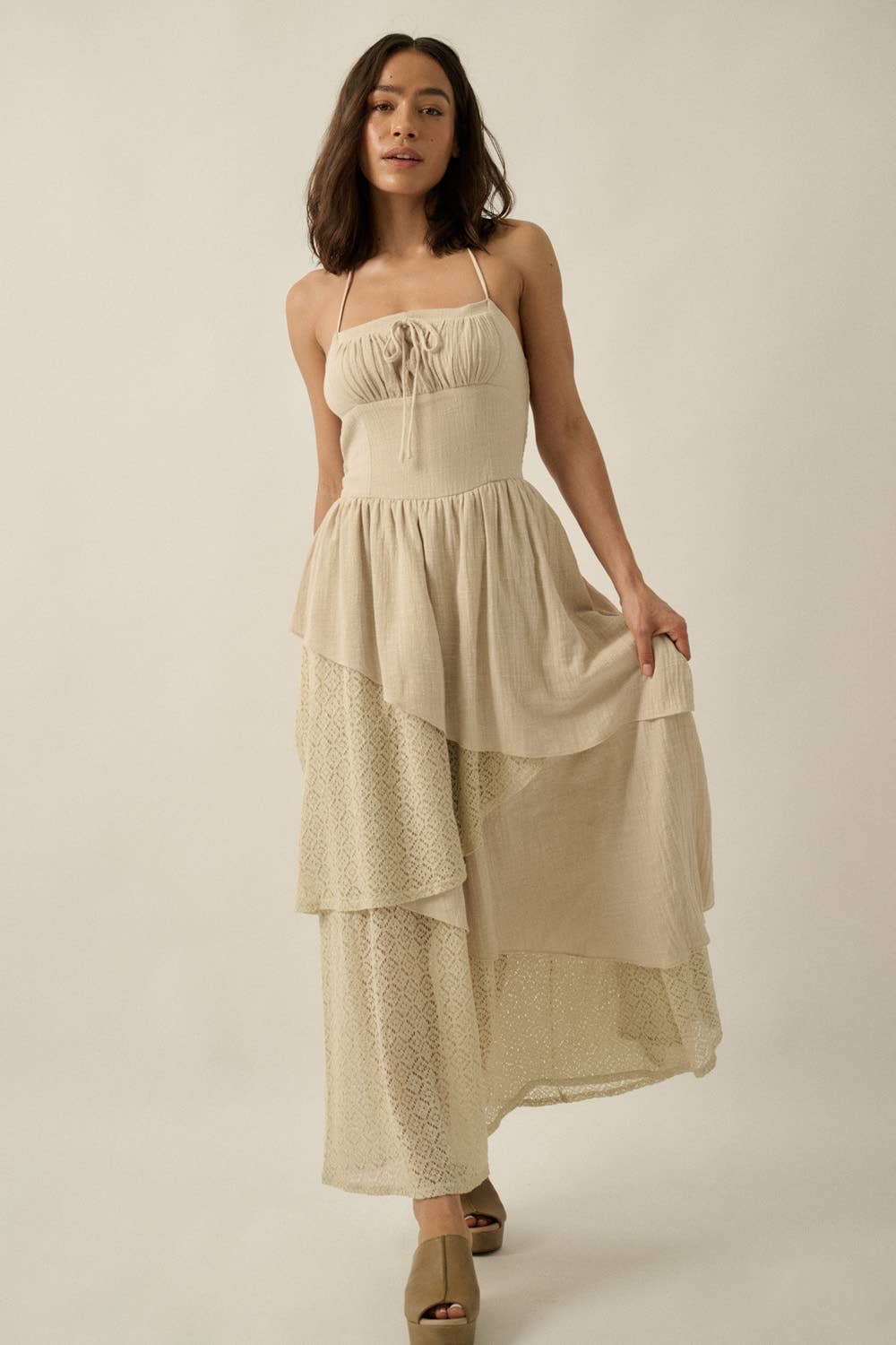 Cotton Gauze and Lace Asymmetrical Tiered Halter Maxi Dress
