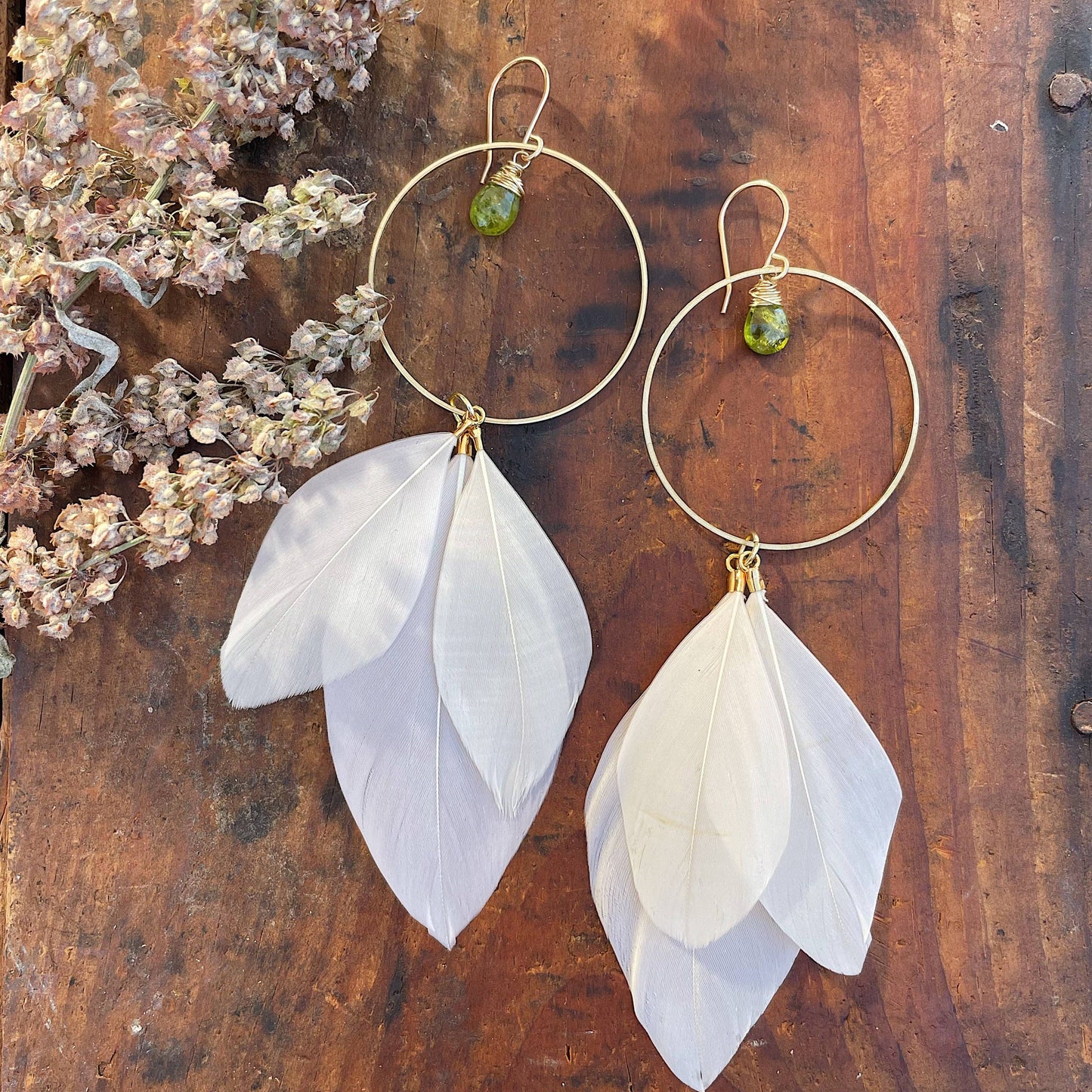 Hoop & Stone Feather Earrings: Brass With Stones