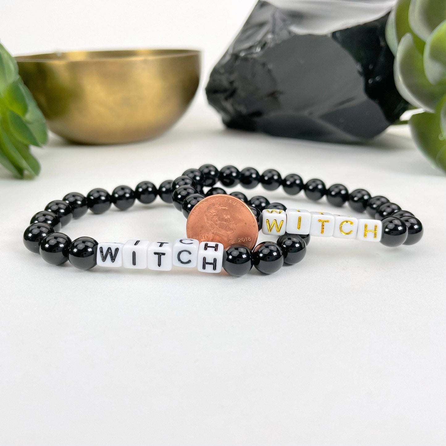 Black Obsidian Beaded Bracelet with "WITCH" Letter Beads - B: B - White Bead Gold Lettering