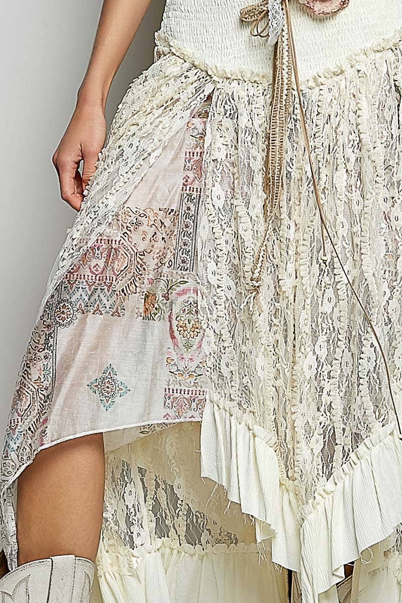 Ruffle Smocked Waist Solid Long Lace Skirt