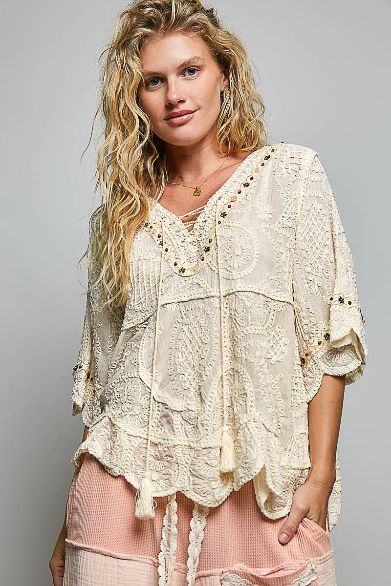 Short Sleeve Adjustable Drawstring Crochet V Neck Top