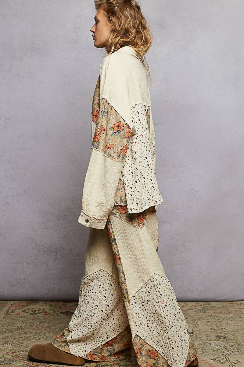 Double gauze varied printed patchwork woven pants: OLIVE or NATURAL