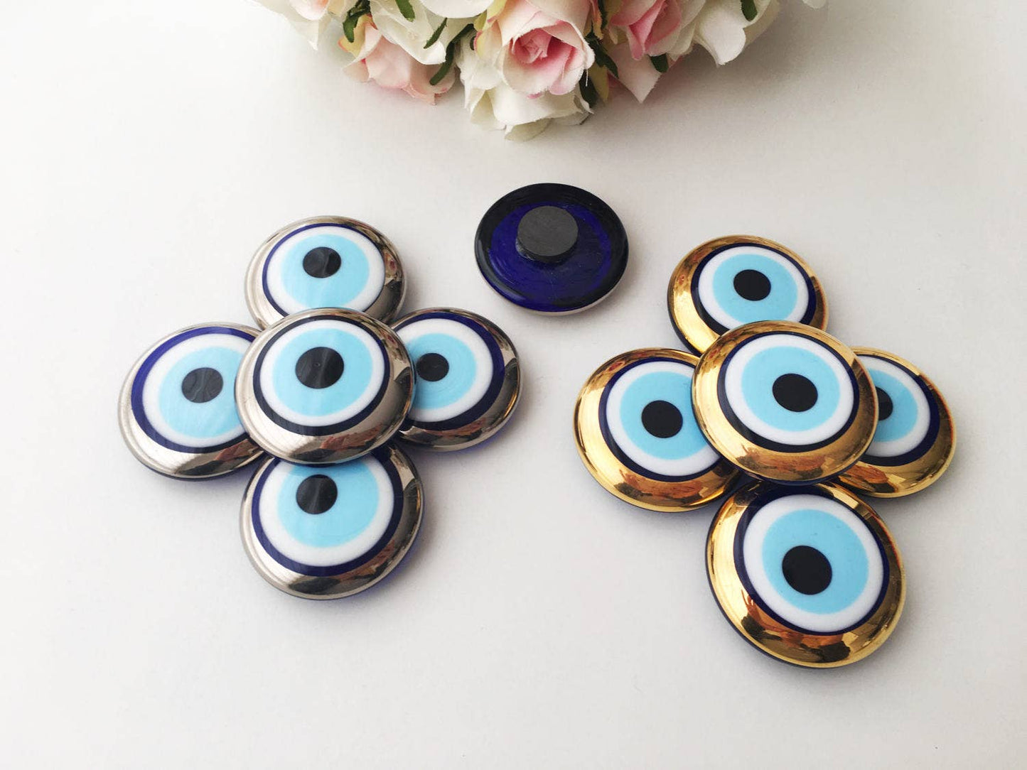 Glass evil eye magnet, gold and silver evil eye charm
