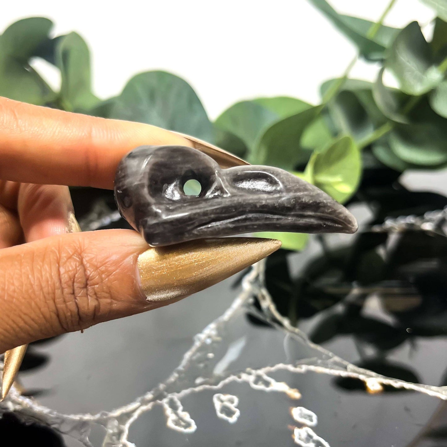 Silver Sheen Obsidian Mini Raven Skull Carving 2"