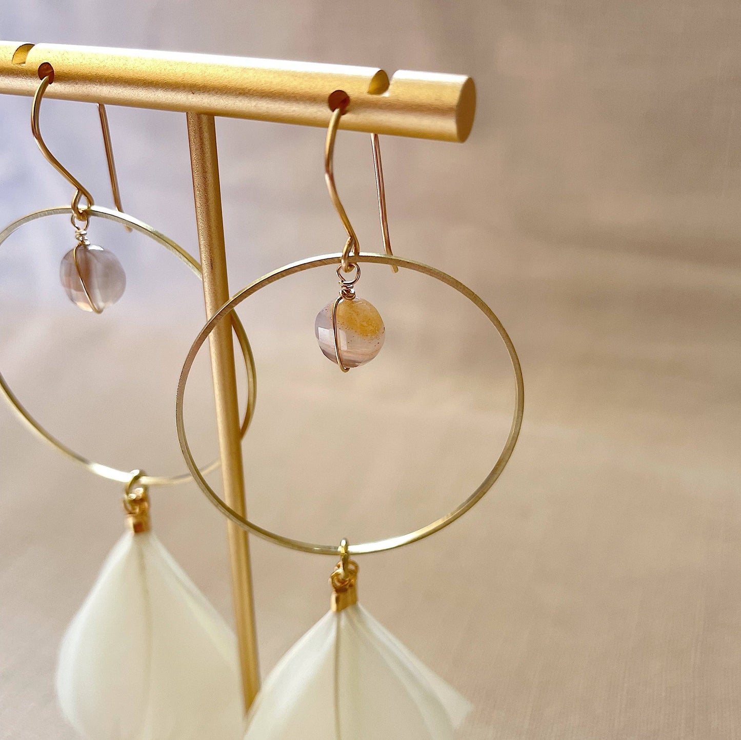 Hoop & Stone Feather Earrings: Brass With Stones