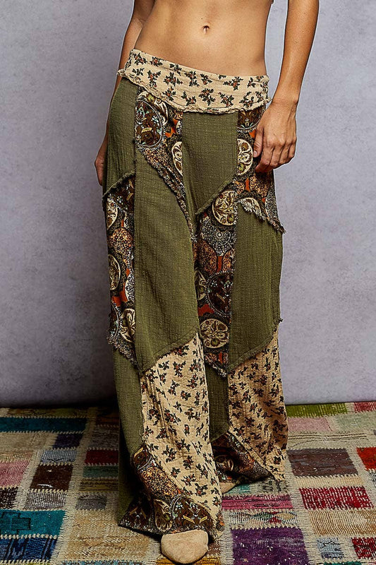 Double gauze varied printed patchwork woven pants: OLIVE or NATURAL