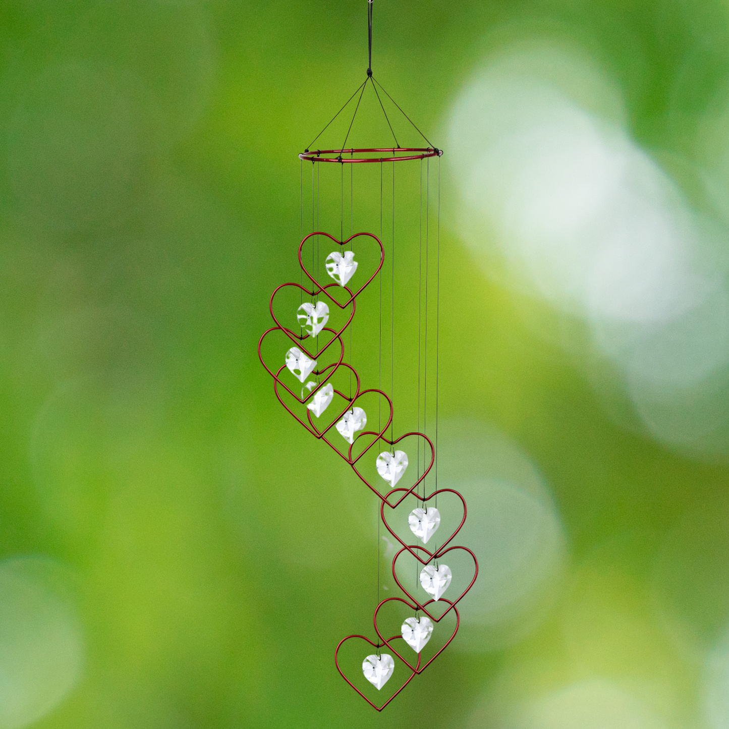 Red Crystal Heart Spiral Suncatcher Wind Chime - 36"
