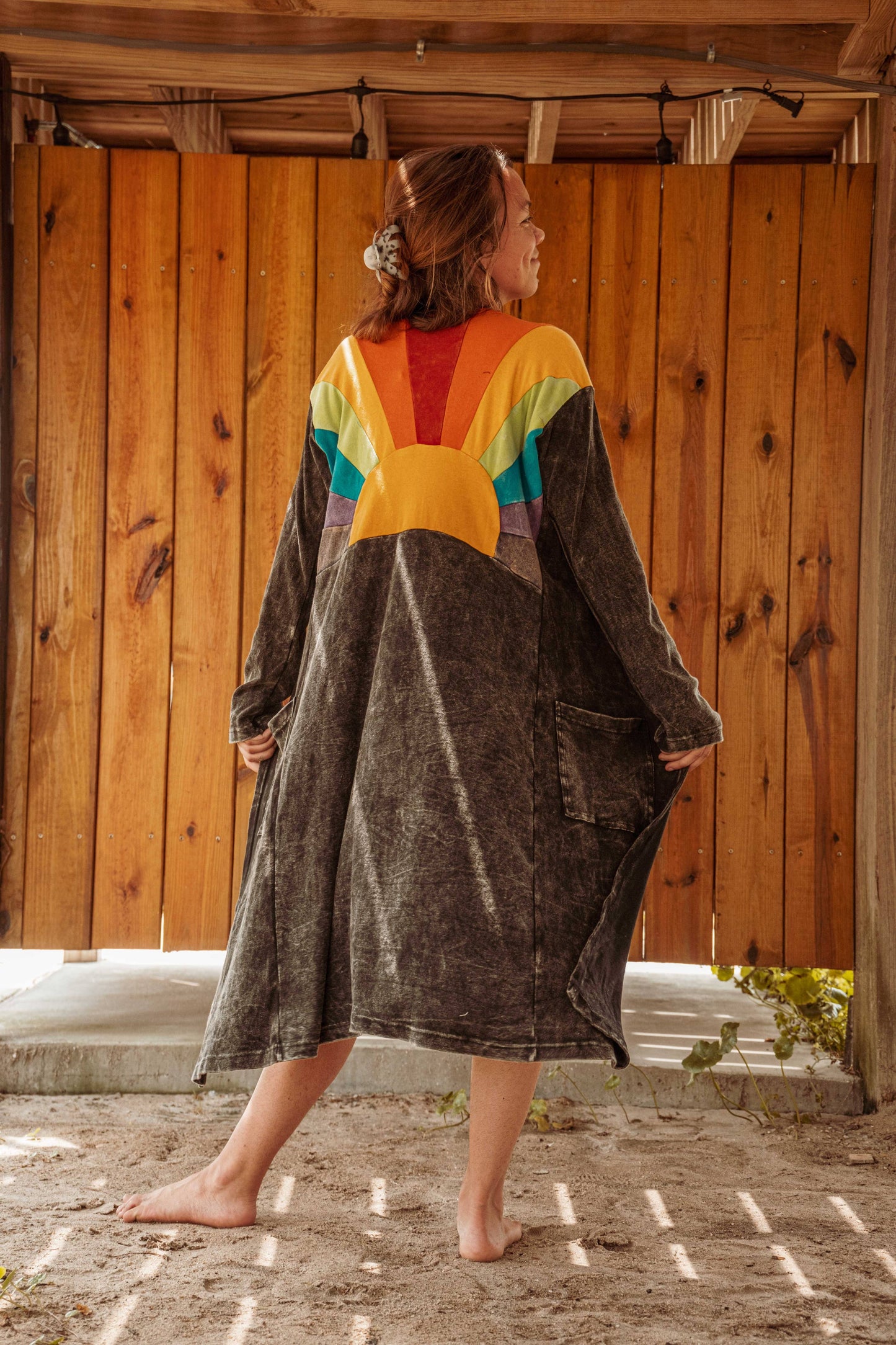 Sun Ray Cardigan, Cotton Earthy Hippie Boho Style Duster: Black / 2XL