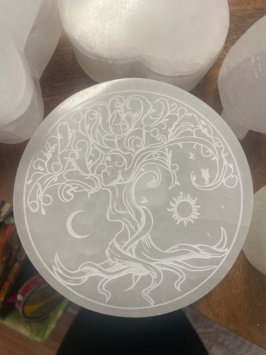Selenite Tree of Life Sun and Moon Round Charging Pad 6"