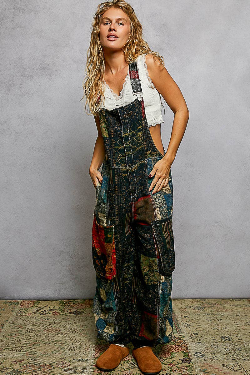 Boho Exaggerated Pocket Vintage Print Jogger Fit Overalls