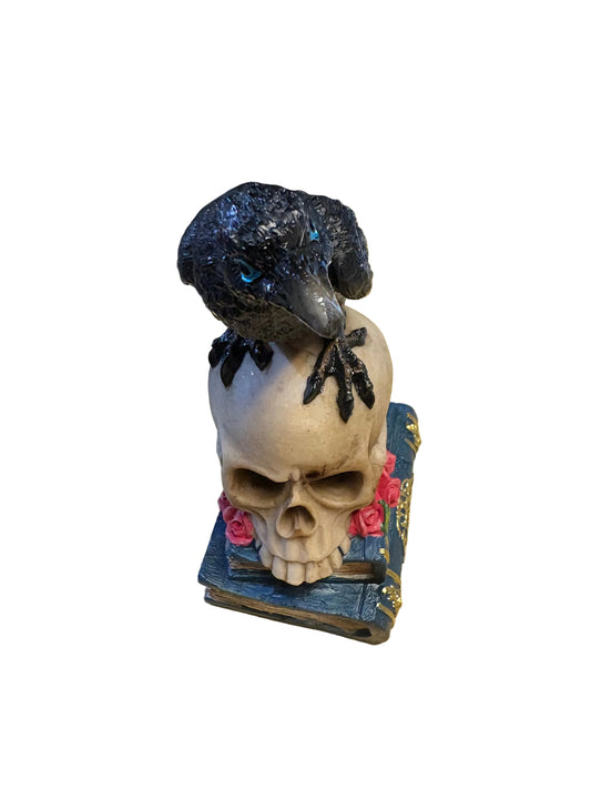 Raven on Skull with Magic Book Statue