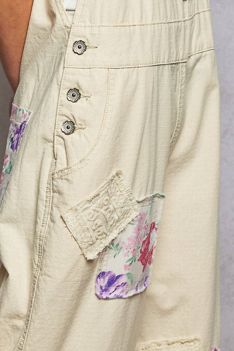 Printed Lace Patch Trim Strap Relaxed Fit Jogger Overall