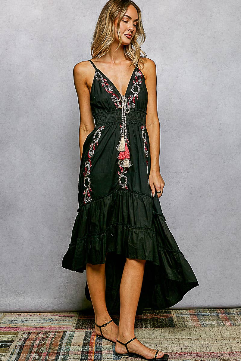 V-Neck Sleeveless Embroidery Tiered Cotton Dress