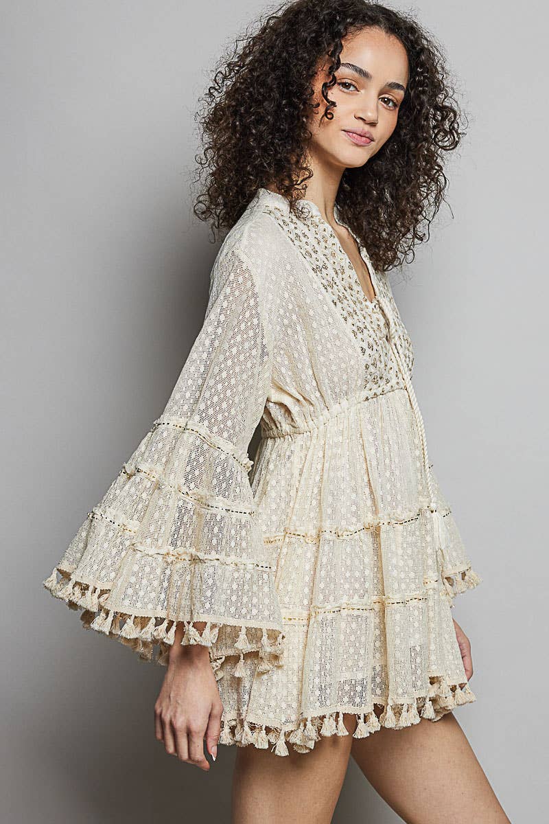 Split Embroidery Tassel Detail V-Neck Flared Short Dress