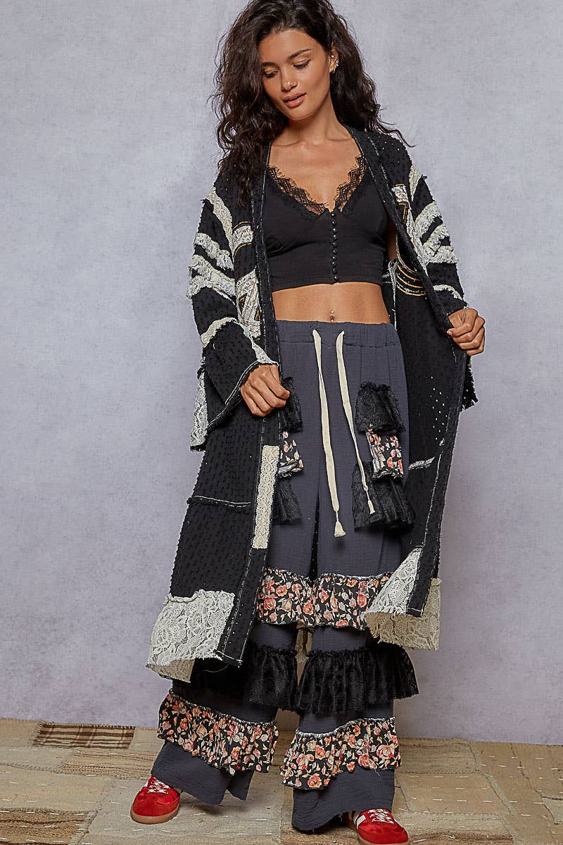 Vintage solid peace patch long cardigan woven top: Black