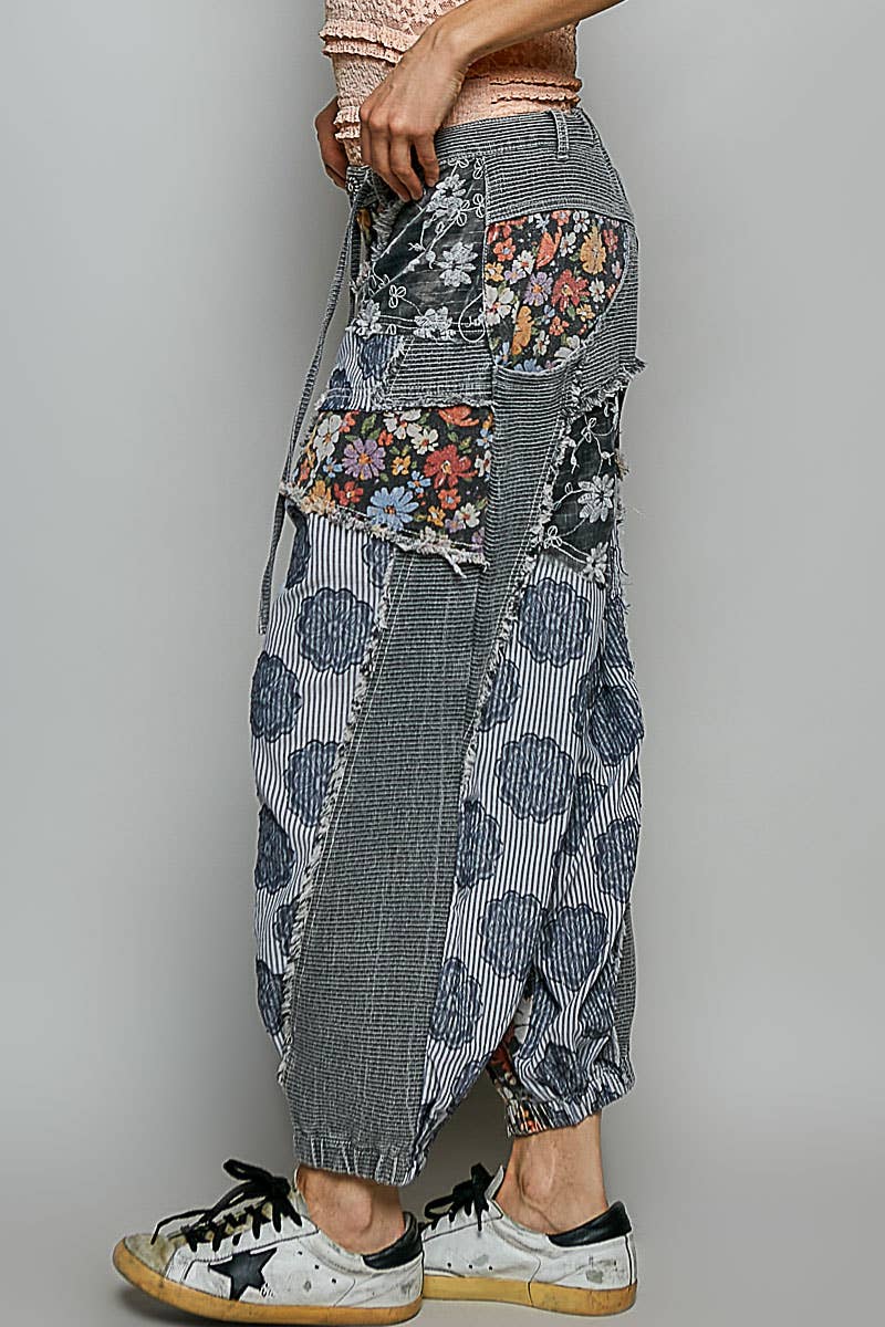Jacquard Floral Twill Patch Waist Loop Jogger Pants