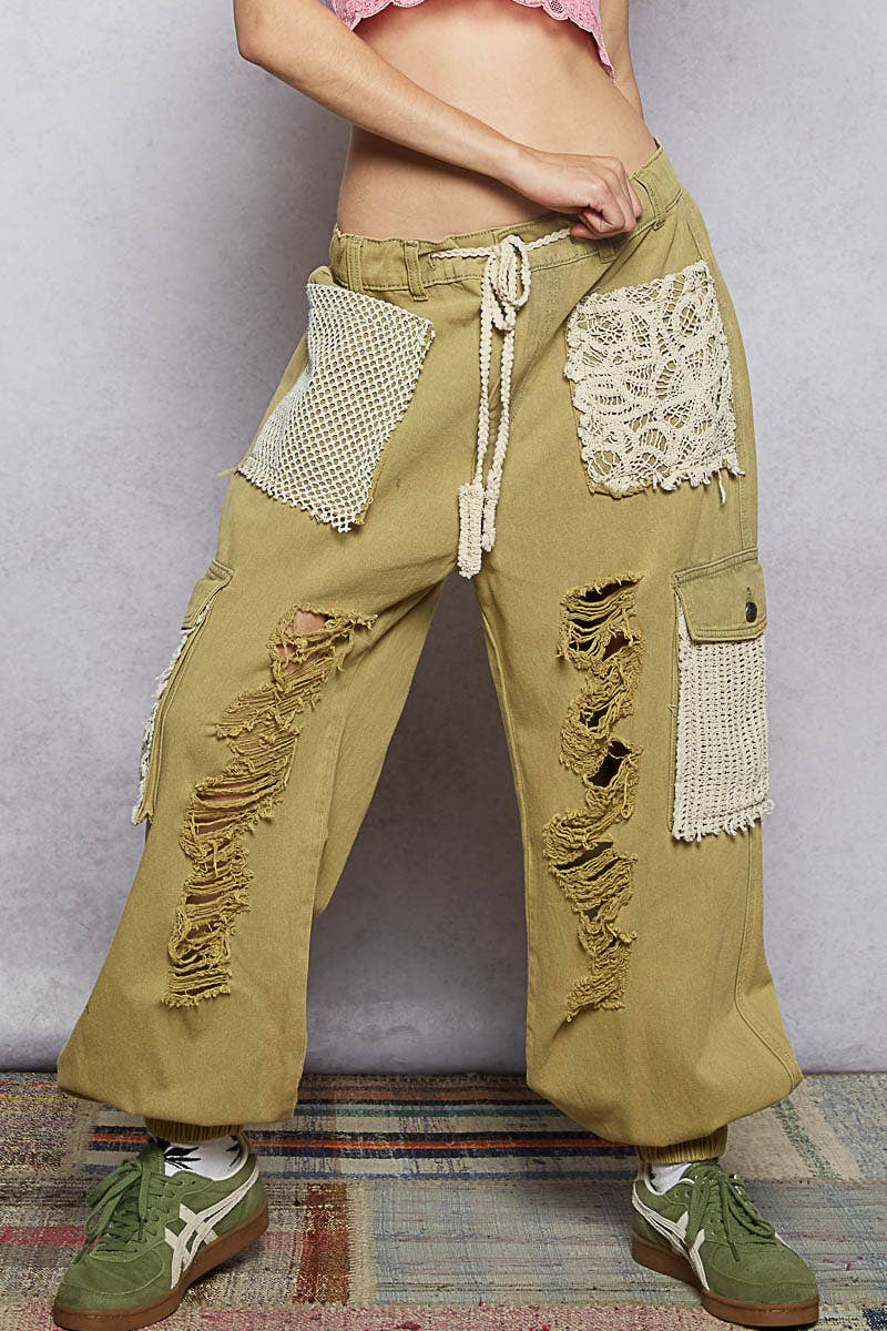 Vintage Wash Crochet Patches Distress Jogger Pants CAMO