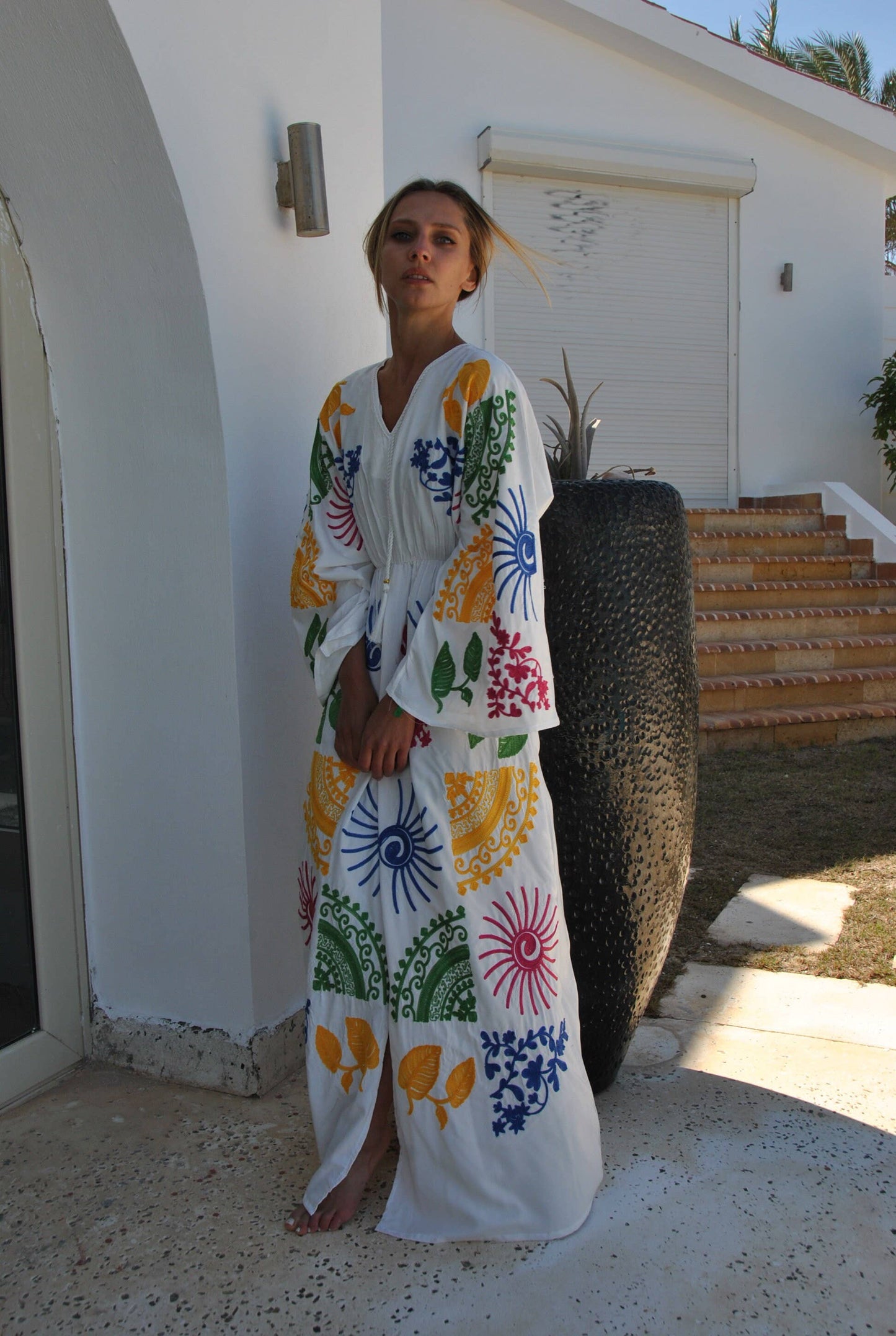 Colorful White Embroidered Ocean Caftan
