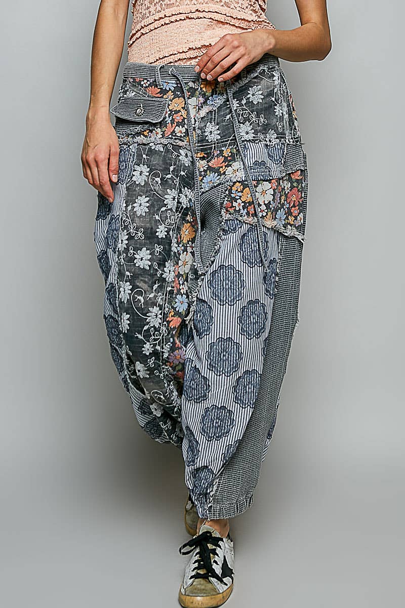 Jacquard Floral Twill Patch Waist Loop Jogger Pants