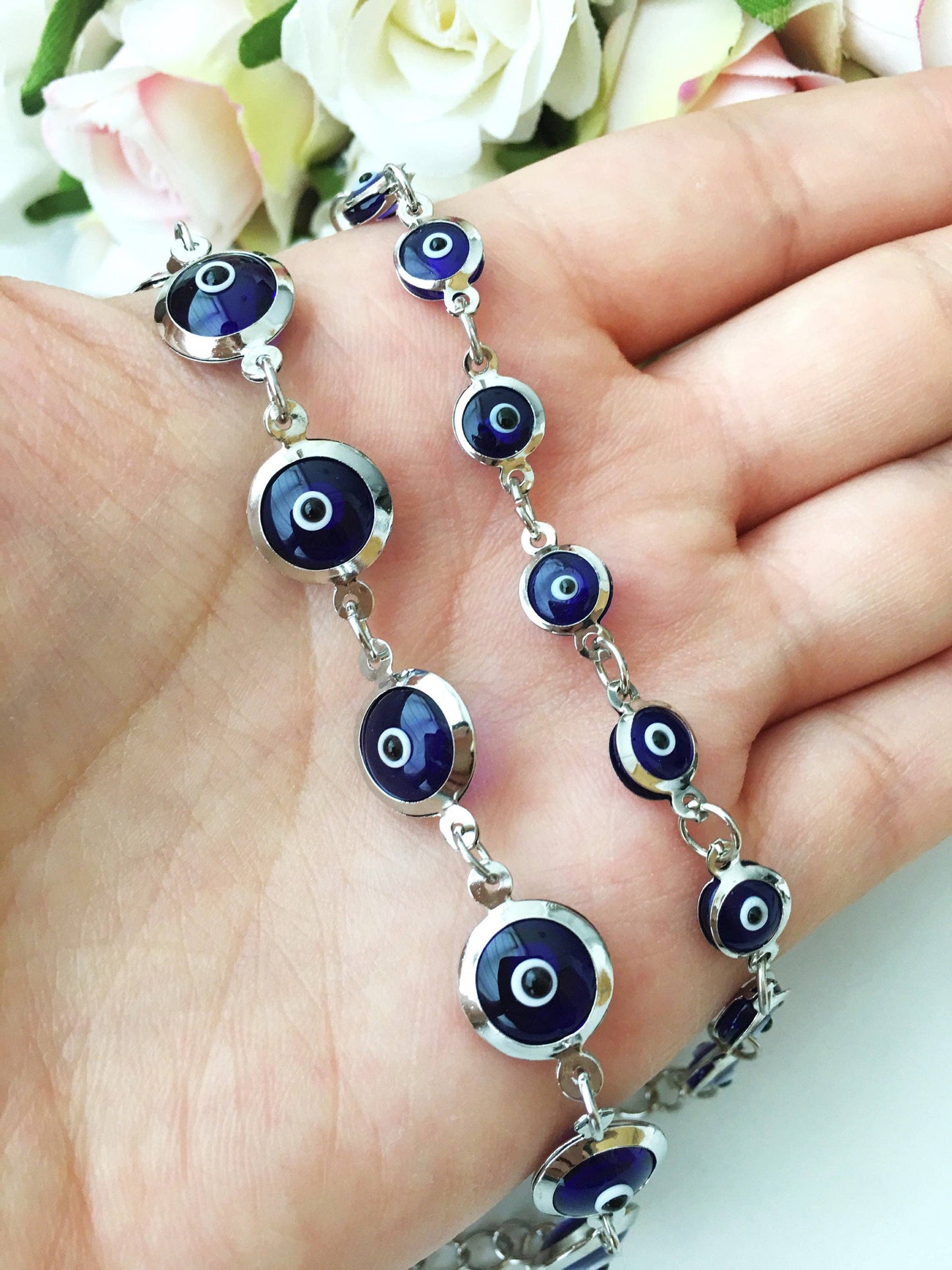 Silver Chain Bracelet, Glass Evil Eye Charm Bracelet, Greek Jewelry