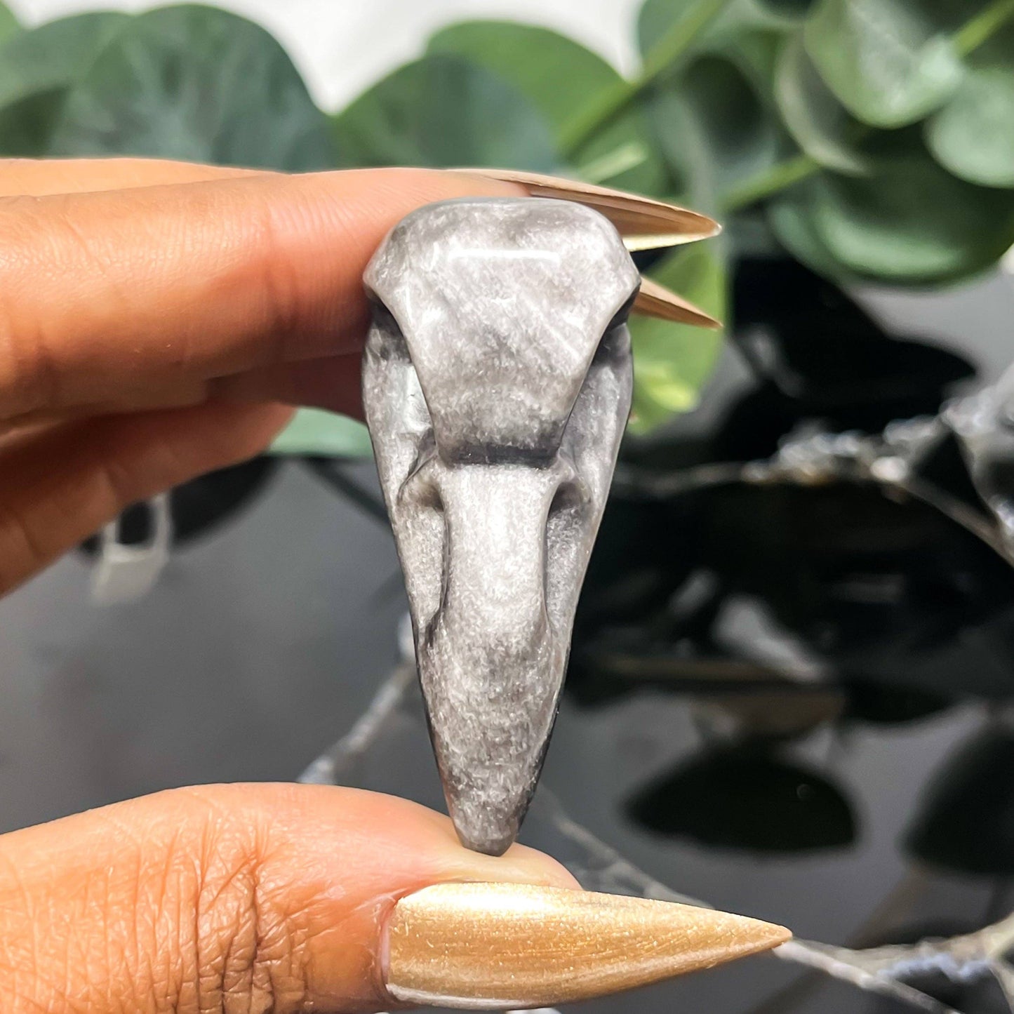 Silver Sheen Obsidian Mini Raven Skull Carving 2"