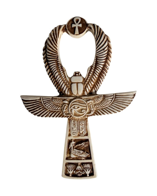 Ankh - Key of Life with Wings Ivory and Brown Basalt