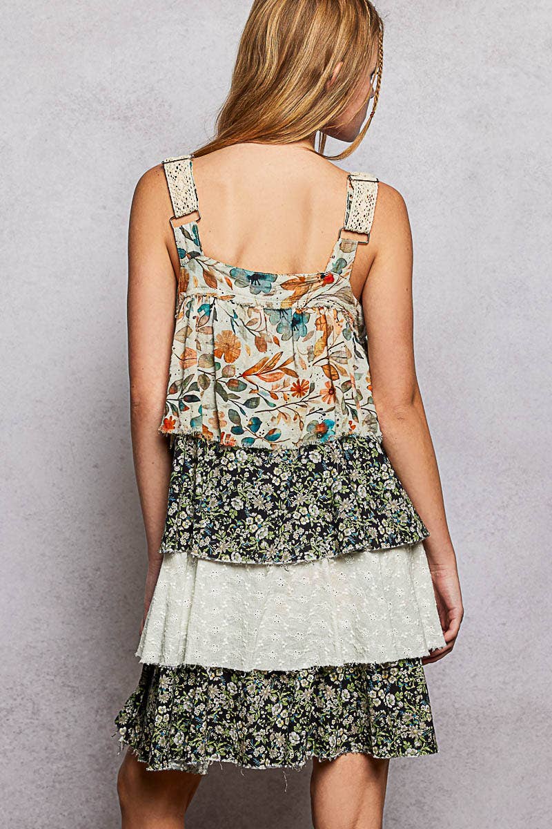 Boho Eyelet Patch Ruffle Floral Print Mini Dress