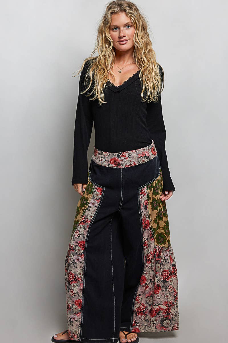Vintage Washing Floral High Rise Wide Leg Twill Pants