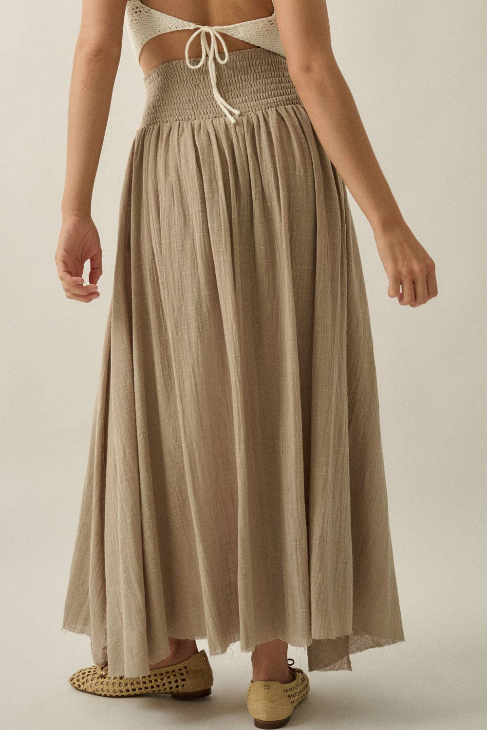 Solid Cotton Gauze Drop-Waist Yoke Maxi Skirt