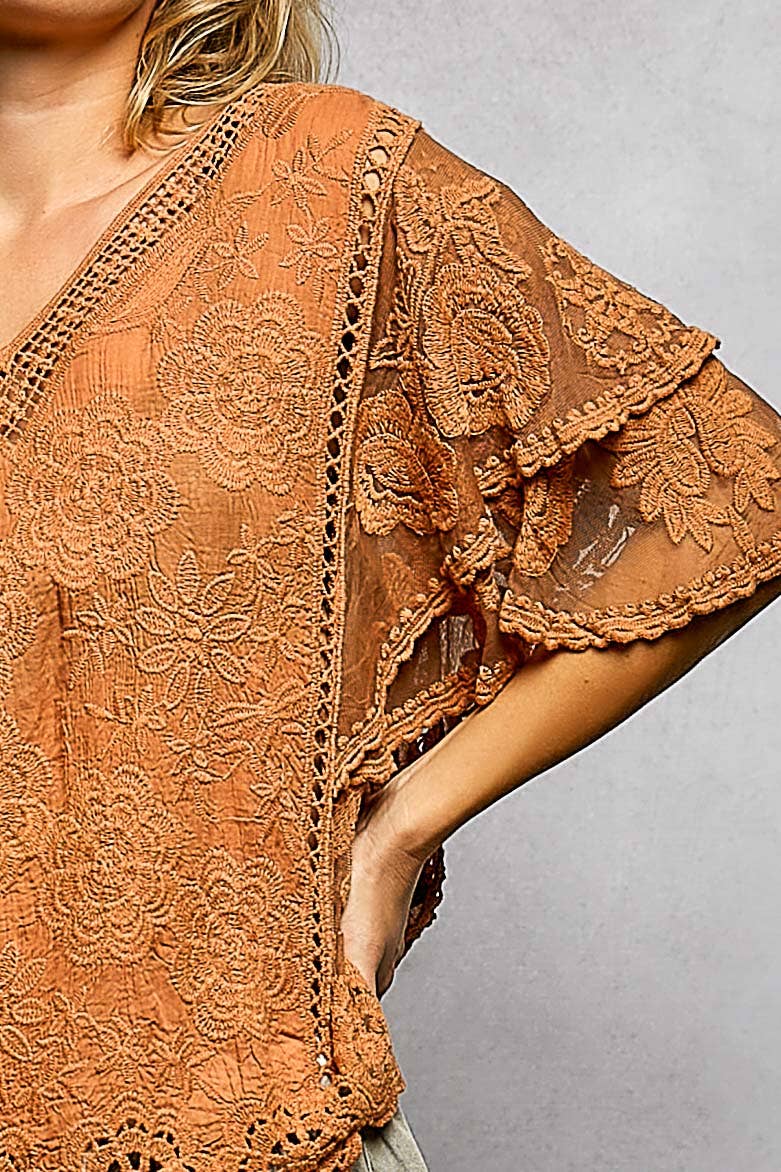 V-neck Short Sleeve Crochet Trim Solid Top