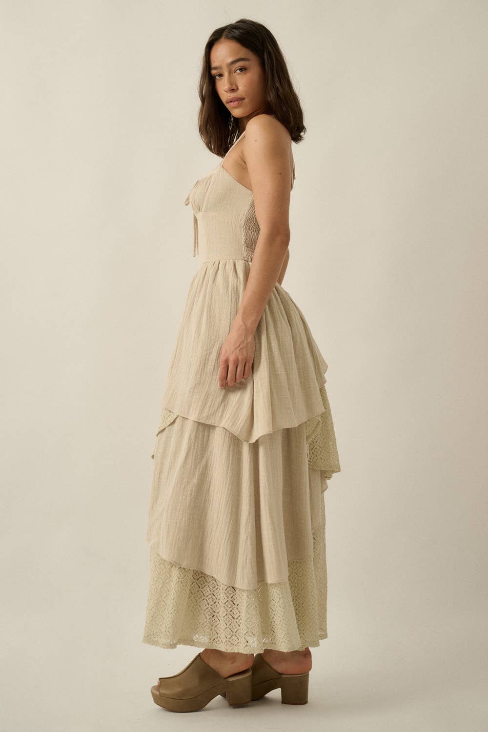 Cotton Gauze and Lace Asymmetrical Tiered Halter Maxi Dress