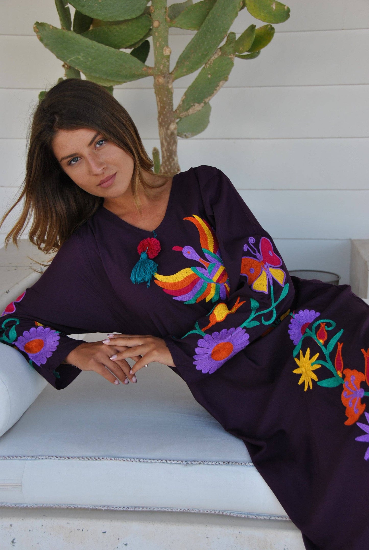Purple peacock embroidered Caftan, caftans for women, embroidered Caftan dress, Caftan maxi dress, Caftans for women, cotton Caftans: L